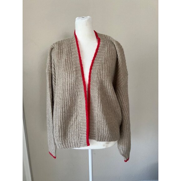 Womens beige knit open-front cardigan big heart-graphic oversized SMALL - Picture 2 of 6